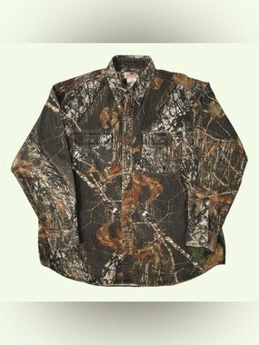 Y2K Mossy Oak Break Up Camo Long Sleeve Button Down Collared Shirt Faded 2XL